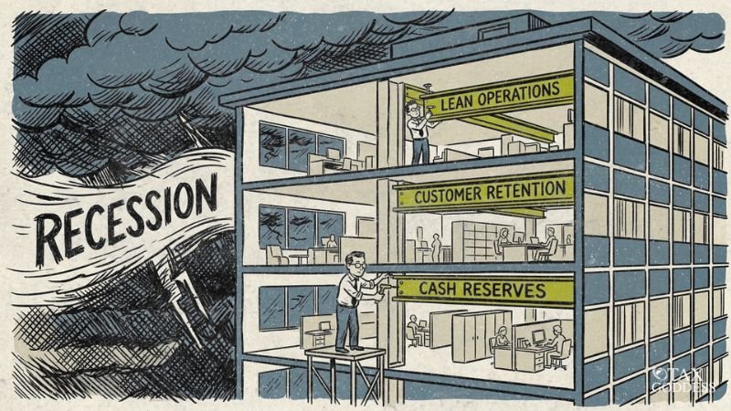 An illustration of a three-story office building being reinforced against an approaching storm labeled RECESSION. Workers are installing green structural beams labeled LEAN OPERATIONS, CUSTOMER RETENTION, and CASH RESERVES, with the Tax Goddess logo in the bottom right corner.