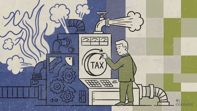 An illustration of a man in a green suit turning a large dial labeled TAX on a complex blue machine emitting steam, with a Tax Goddess logo in the bottom right corner.