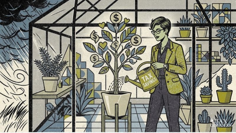 An illustration of a woman in glasses and a patterned green blazer watering a money tree with a watering can labeled TAX SAVINGS inside a greenhouse, while a storm rages outside.