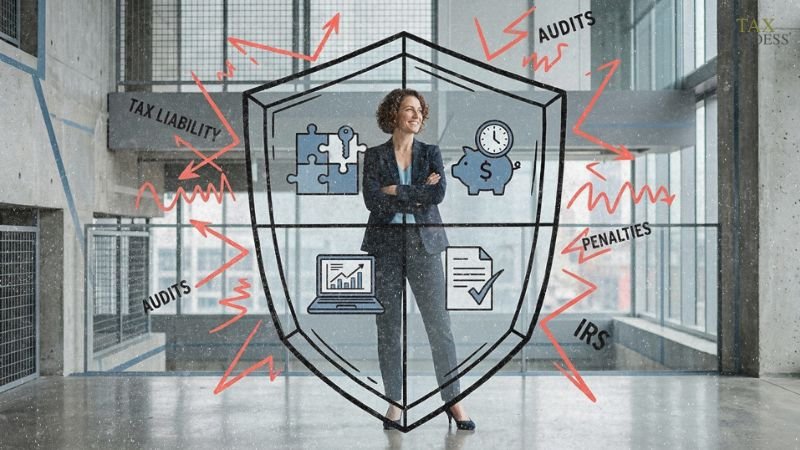 A business woman standing with arms crossed inside a large transparent shield overlay. The shield contains icons for a puzzle key, a piggy bank with a clock, a laptop with a rising chart, and a verified document, deflecting red lightning bolts labeled "AUDITS", "TAX LIABILITY", "PENALTIES", and "IRS".