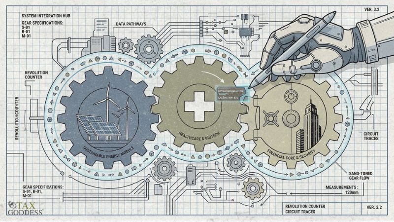 A technical blueprint illustration showing a robotic hand pointing a stylus at interlocking mechanical gears labeled "SUSTAINABLE ENERGY MODULE", "HEALTHCARE & BIOTECH", and "FINANCIAL CORE & SECURITY", with a small digital window displaying "OPTIMIZING DATA FLOW".