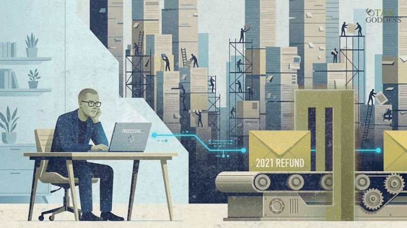 An illustration of a man sitting at a desk looking at a laptop screen that says "PROCESSING...", connected via a digital line to a conveyor belt moving an envelope labeled "2021 REFUND". In the background, tiny figures work on massive, skyscraper-like towers made of stacked paper files.