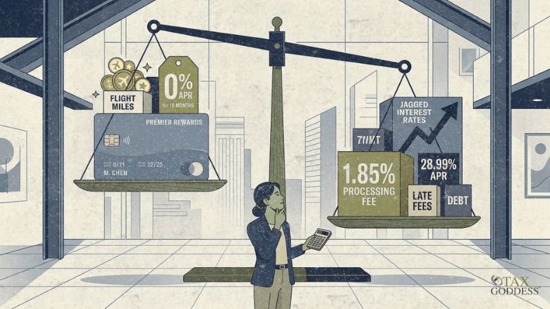 An illustration of a woman holding a calculator, looking at a large balance scale weighing the pros and cons of paying taxes with a credit card. The lighter left side features a rewards card with "FLIGHT MILES" and a "0% APR" tag. The heavier right side weighs down boxes labeled "1.85% PROCESSING FEE", "28.99% APR", "LATE FEES", "DEBT", and "JAGGED INTEREST RATES".