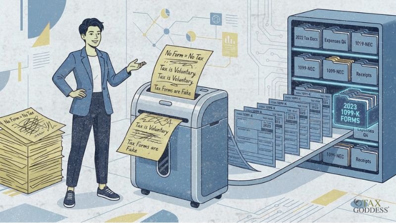 An illustration of a professional person gesturing toward a paper shredder. Misconception notes like "No Form = No Tax", "Tax is Voluntary", and "Tax Forms are Fake" are being fed into the shredder, while official "2023 1099-K FORMS" are being neatly organized into a glowing digital filing cabinet.
