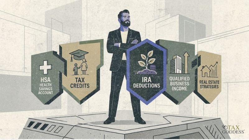 An illustration of a confident businessman standing with arms crossed, flanked by five protective shields outlining income protection strategies: HSA Health Savings Account, Tax Credits, IRA Deductions, Qualified Business Income, and Real Estate Strategies.