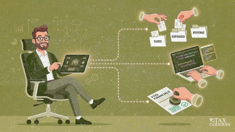 An illustration of a smiling businessman in an office chair using a tablet that connects via dashed lines to automated accounting tasks: hands organizing "TAXES", "EXPENSES", and "REVENUE" folders, hands typing code on a laptop screen reading "calculateTax()", and a hand stamping an "FY23 FINANCIALS" document as "TAXES COMPLETE".