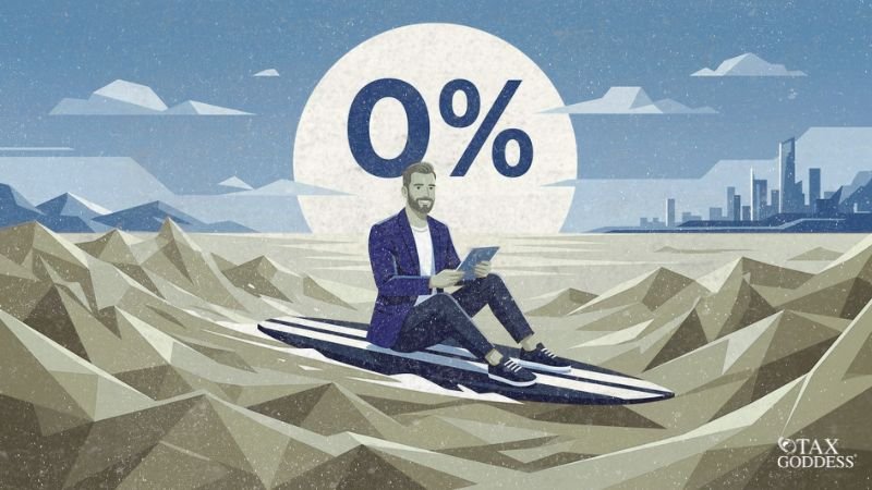 An illustration of a businessman in a blue blazer sitting on a surfboard in a low-poly sea, looking at a tablet, with a large white sun displaying a 0% symbol in the background and a city skyline on the horizon.