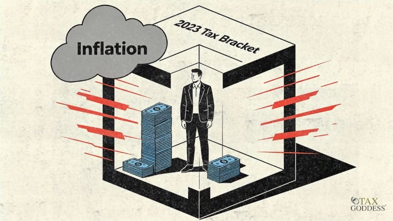 An illustration of a man in a business suit standing inside a large open cube labeled "2023 Tax Bracket" alongside several stacks of blue cash. A grey storm cloud reading "Inflation" floats above the cube as horizontal red streak lines pierce through the outer walls.