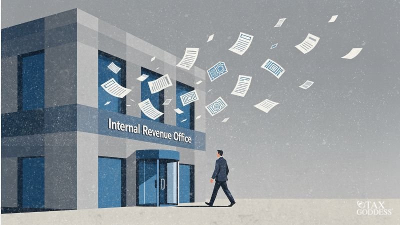 An illustration of a man in a business suit walking toward the revolving door entrance of a grey building labeled "Internal Revenue Office." A cloud of loose papers and tax forms flies away from the top of the building into a grey sky. The Tax Goddess logo is in the bottom right corner.