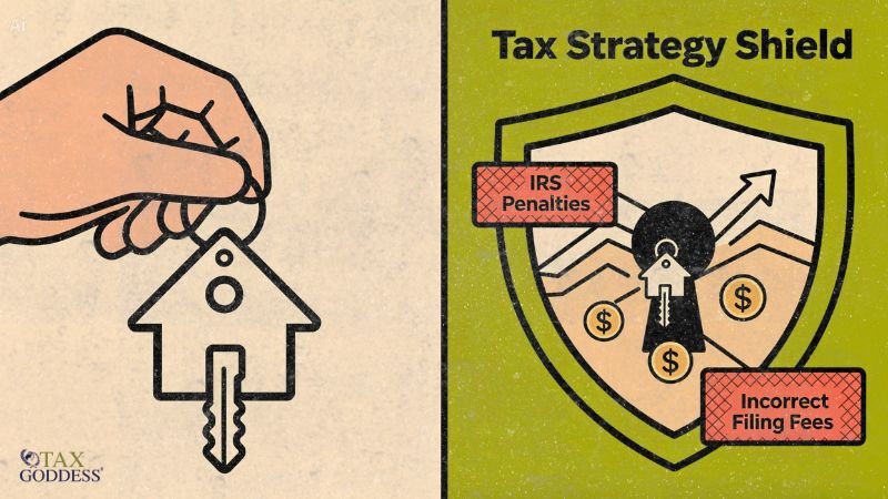 A split-screen illustration. On the left beige side, a hand holds a house-shaped key. On the green right side labeled "Tax Strategy Shield," a large protective shield displays a keyhole matching the house key. The shield deflects risks labeled "IRS Penalties" and "Incorrect Filing Fees" amid dollar signs and upward growth trends. The Tax Goddess logo is in the bottom left corner.