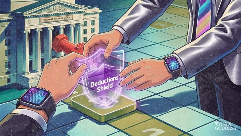 A close-up illustration of two professionals in suits wearing smartwatches playing a board game on a grid layout. They are placing a glowing, holographic shield labeled "Deductions Shield" onto a green square. In the background, a large red game piece sits in front of a classical building labeled "Internal Revenue Office."