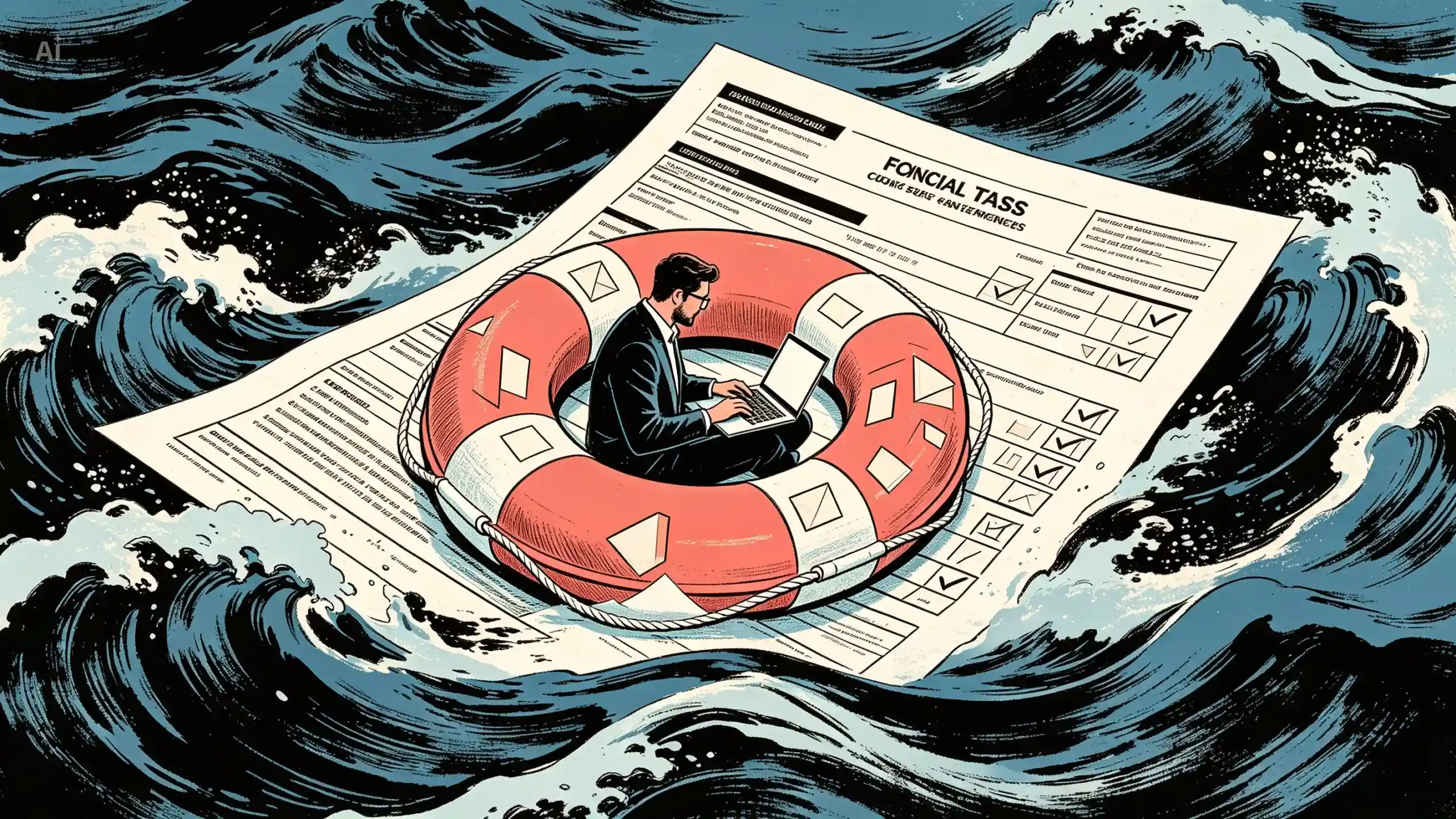 An illustration of a businessman working on a laptop while sitting inside a red and white life preserver. The life preserver is floating on a large, official-looking document amidst rough, dark blue ocean waves.