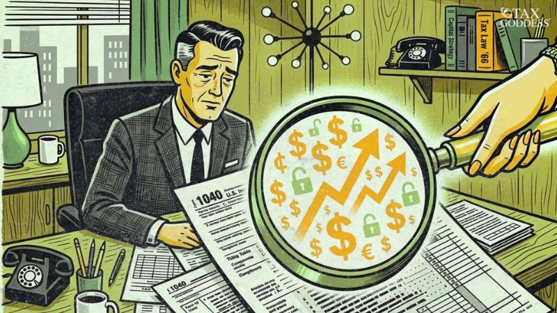 A vintage comic-style illustration of a stressed businessman at a desk reviewing a 1040 U.S. tax form. A hand holds a large magnifying glass over the paperwork, revealing hidden upward-trending arrows, dollar signs, euro symbols, and unlocked padlocks, symbolizing the discovery of tax savings. The Tax Goddess logo sits in the top right corner.