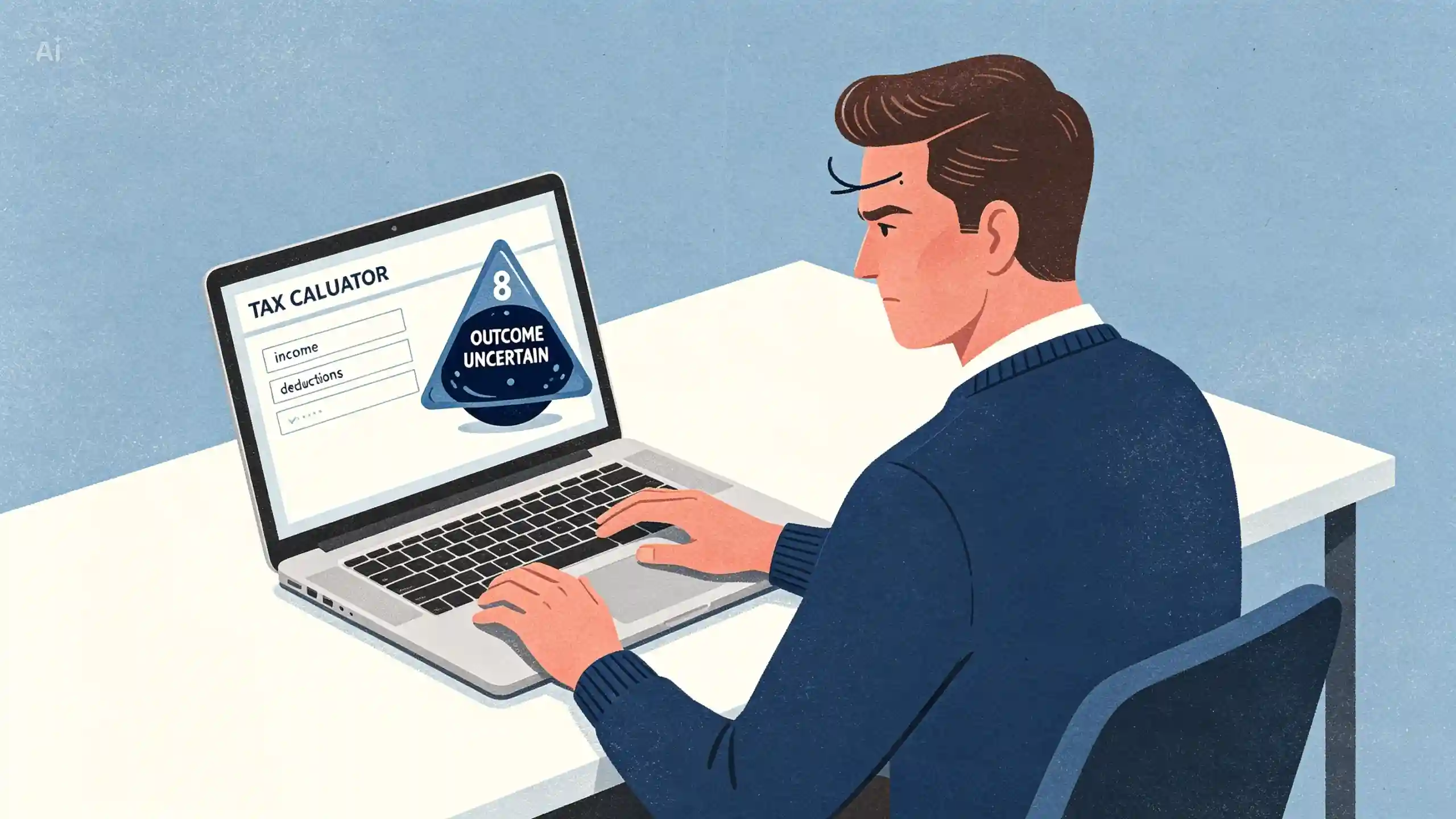 An illustration of a frustrated man sitting at a desk and looking at a laptop screen. The screen displays a form titled "TAX CALUATOR" with input fields for "income" and "deductions." Next to the form is a dark blue Magic 8-Ball triangle displaying the number "8" and the text "OUTCOME UNCERTAIN."
