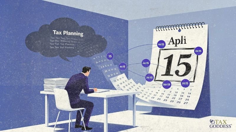 An illustration of a businessman sitting at a desk with a stack of paperwork, writing on a document. A dark thought bubble above him repeats the phrase "Tax Planning." In front of him, a large calendar page showing the day "15" under the month "Apli" has several circular dates flying out of it, marked with deadlines like "Jul 15" and "15". The Tax Goddess logo is in the bottom right corner.