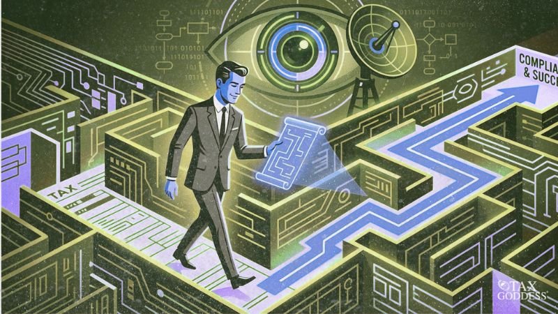 An illustration of a businessman in a suit using a glowing blue digital blueprint to navigate a complex, circuit-board-style maze. A blue path leads from a document labeled "TAX" to an exit marked "COMPLIANCE & SUCCESS." In the background, a large surveillance eye and radar dish watch over the maze. The Tax Goddess logo is in the bottom right corner.