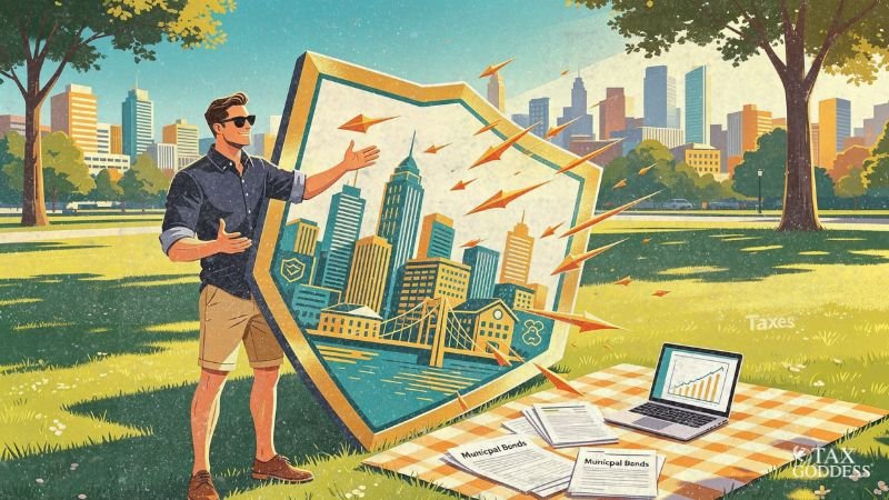 An illustration of a man wearing sunglasses standing in a sunny park next to a large shield decorated with a cityscape and a bridge. The shield deflects flying orange arrows away from a picnic blanket containing a laptop displaying financial growth charts and papers labeled "Municipal Bonds." The faint word "Taxes" is visible in the grass in the background.