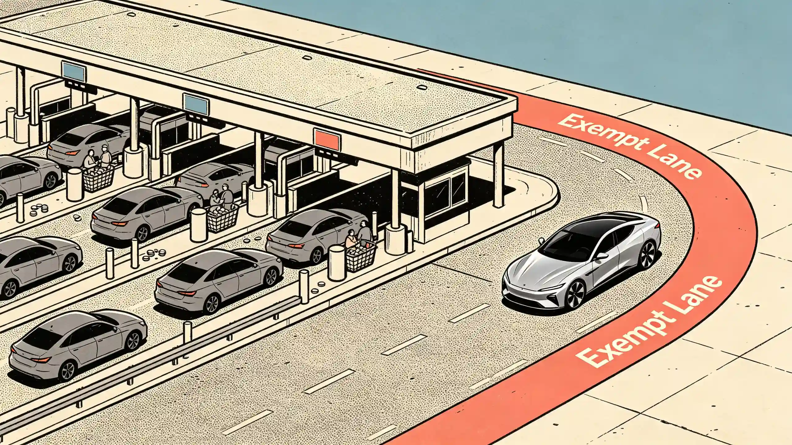 An illustration of multiple cars waiting in line at a toll booth to pay, while a single silver car smoothly bypasses the traffic by driving on a separate red curved path labeled "Exempt Lane".