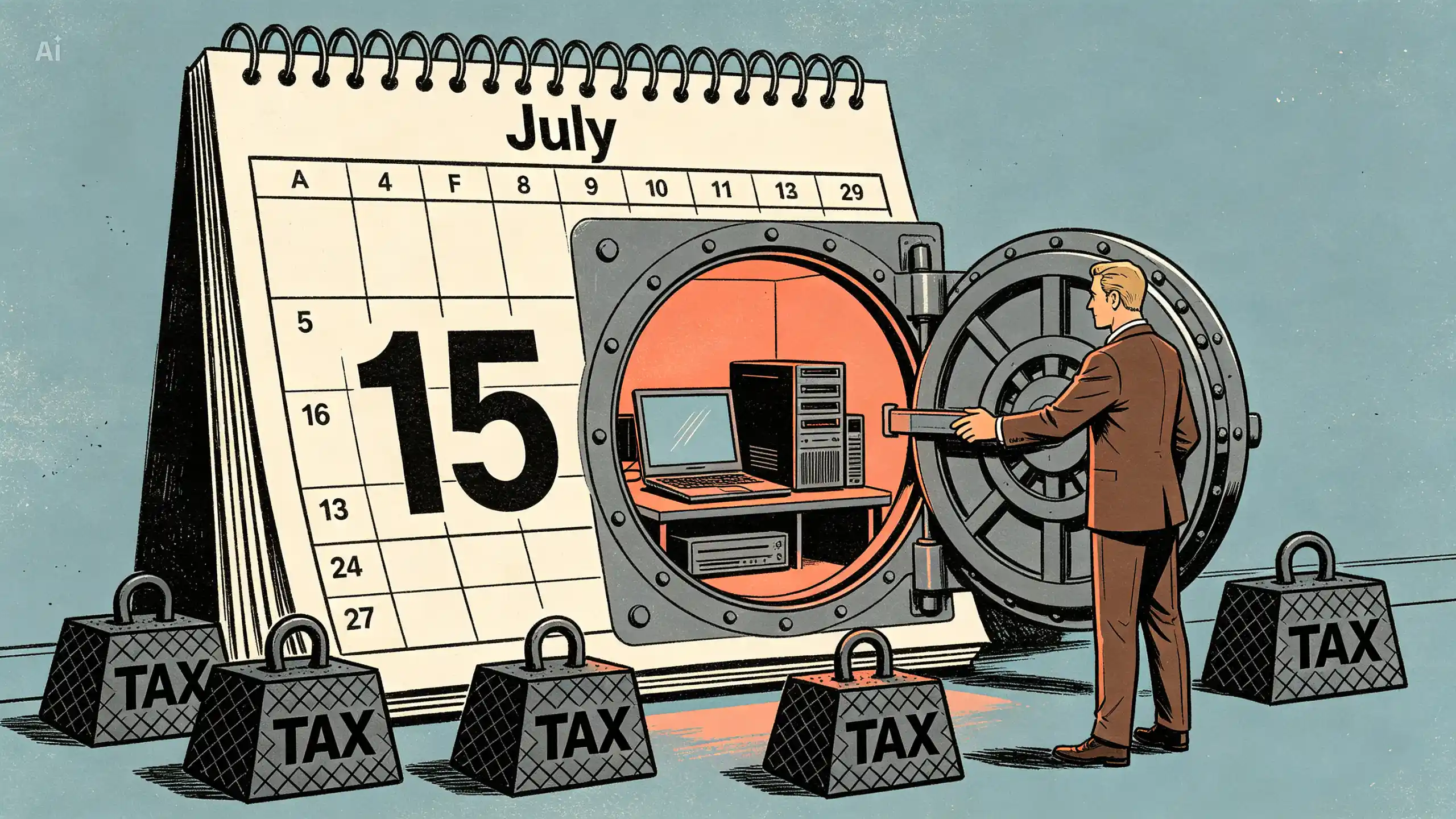 An illustration of a man in a suit opening a large bank vault door built into a giant desk calendar showing the month of July, with the number 15 prominently displayed. Inside the illuminated vault are a laptop and a desktop computer. Heavy iron weights labeled "TAX" are scattered on the floor around the calendar.
