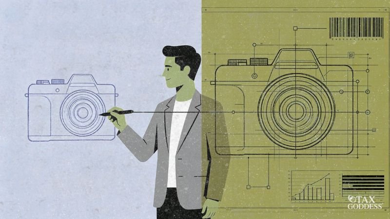 An illustration of a man divided down the center, representing a business transition. On the light-blue left side, he sketches a simple camera outline with a pen. On the olive-green right side, the camera turns into a complex technical blueprint with grid lines, barcodes, and performance charts. The Tax Goddess logo is in the bottom right corner.