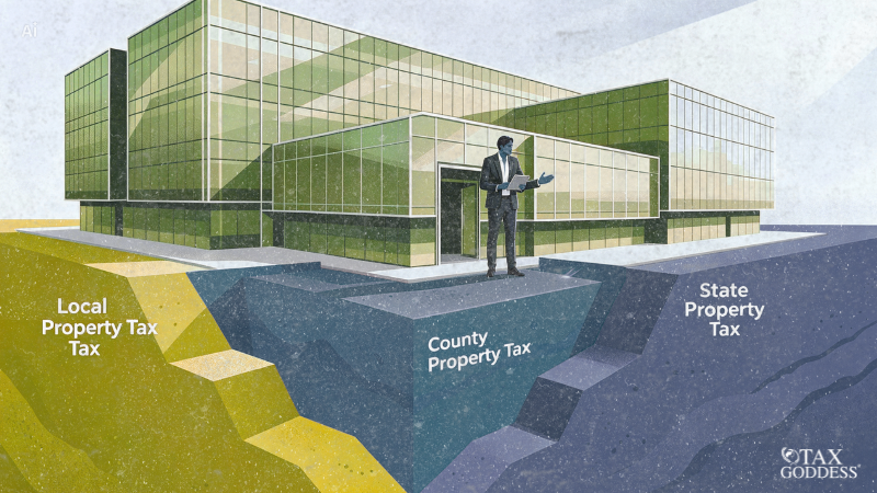 An architectural rendering of a multi-story, glass-paneled office building with a businessman in a suit standing at the entrance. The cross-section reveals different ground layers labeled "Local Property Tax Tax," "County Property Tax," and "State Property Tax." The Tax Goddess logo is in the bottom right.