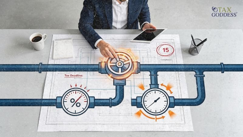 An overhead view of a businessman sitting at a desk with a digital tablet, interacting with a blueprint graphic of a pipe network. His hand adjusts a glowing central valve that connects to a pressure gauge labeled with a percent symbol next to the words "Tax Deadline:", another illuminated meter, and a circled calendar deadline marked "15". The Tax Goddess logo is in the top right corner.