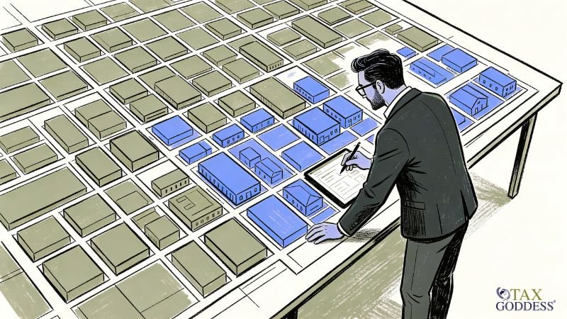 An illustration of a man with glasses and a beard wearing a dark suit jacket, standing over a large table displaying a grid-style urban city map layout. Some building blocks on the grid map are colored blue and others are pink. He is holding a digital tablet and using a stylus pen to analyze the data.