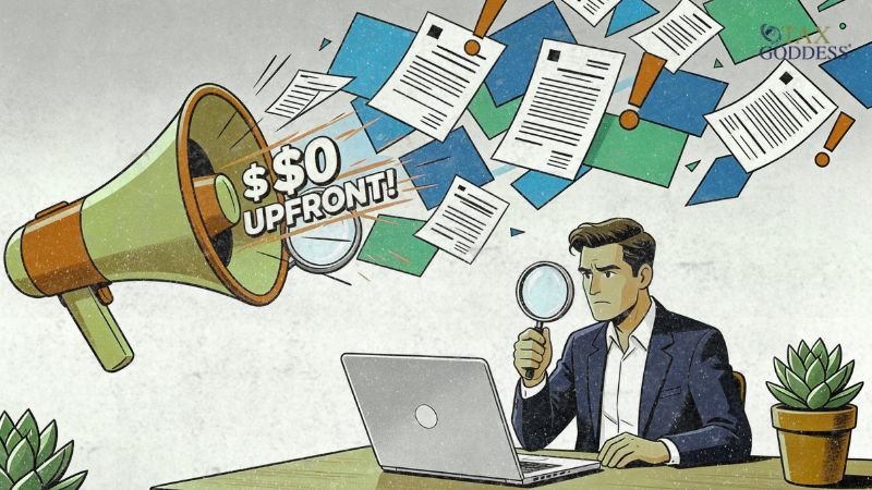 An illustration of a skeptical businessman looking through a magnifying glass at his laptop desk. A giant megaphone on the left blasts out a chaotic cloud of flying documents, exclamation points, and the text "$0 UPFRONT!" toward him. The Tax Goddess logo is in the top right corner.
