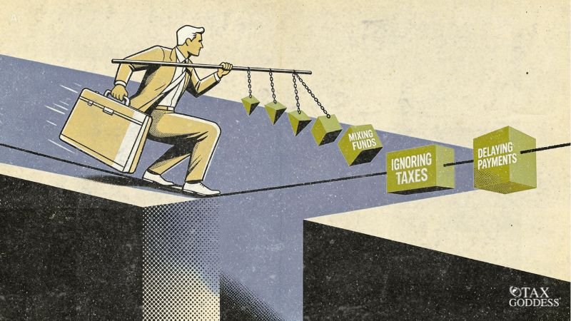 An illustration of a businessman carrying a large briefcase while tightrope walking across a deep chasm. He holds a long balancing pole with hanging green weights that transition into blocks threaded onto the rope ahead of him. The blocks read "Mixing Funds," "Ignoring Taxes," and "Delaying Payments." The Tax Goddess logo is in the bottom right corner.