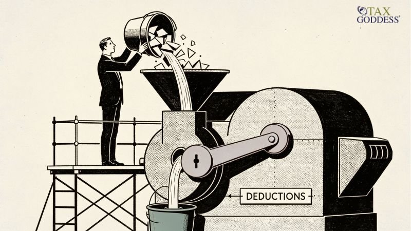 A black and white illustration of a man in a suit standing on scaffolding, pouring a bucket of paper scraps into a large industrial grinding machine. The machine processes the materials into a smooth stream of liquid pouring into a bucket below. A label on the machine points to the output and reads "DEDUCTIONS." The Tax Goddess logo is in the top right corner.