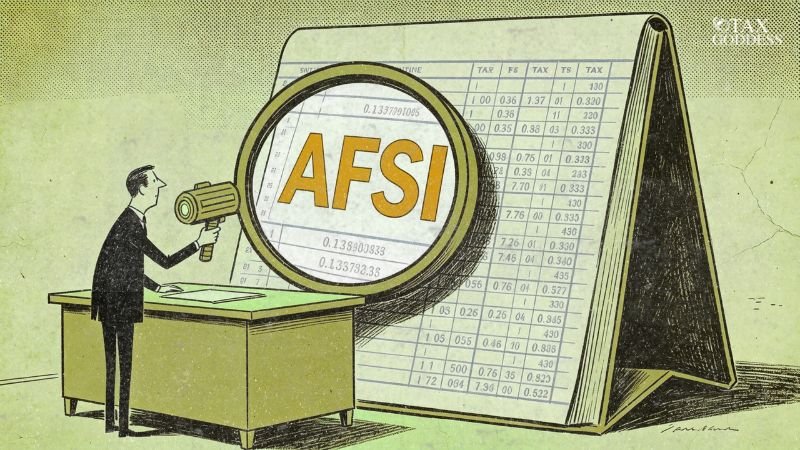 An illustration of a businessman standing at a desk, shining a light toward a large, open financial ledger. A large magnifying glass focuses on the acronym "AFSI" written in large orange letters over the columns of financial numbers. The Tax Goddess logo is visible in the top right corner.