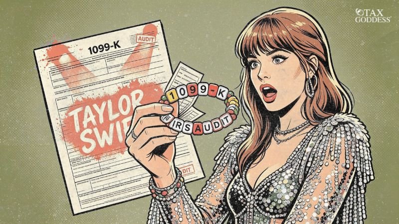 An illustration of a shocked woman wearing a sparkly silver dress, resembling Taylor Swift, holding up a beaded friendship bracelet that spells "1099-K" and "IRS AUDIT." In the background is a large IRS tax document titled "1099-K" with "TAYLOR SWIFT" and "AUDIT" stamped over it in red. The Tax Goddess logo is in the top right corner.