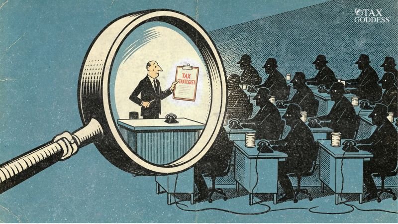 An illustration of a large magnifying glass focusing on a man in a suit holding a clipboard that reads "TAX STRATEGIST." He is highlighted in bright colors, standing out from a dark, monotonous background filled with identical, shadowy figures working at desks. The Tax Goddess logo is in the top right corner.
