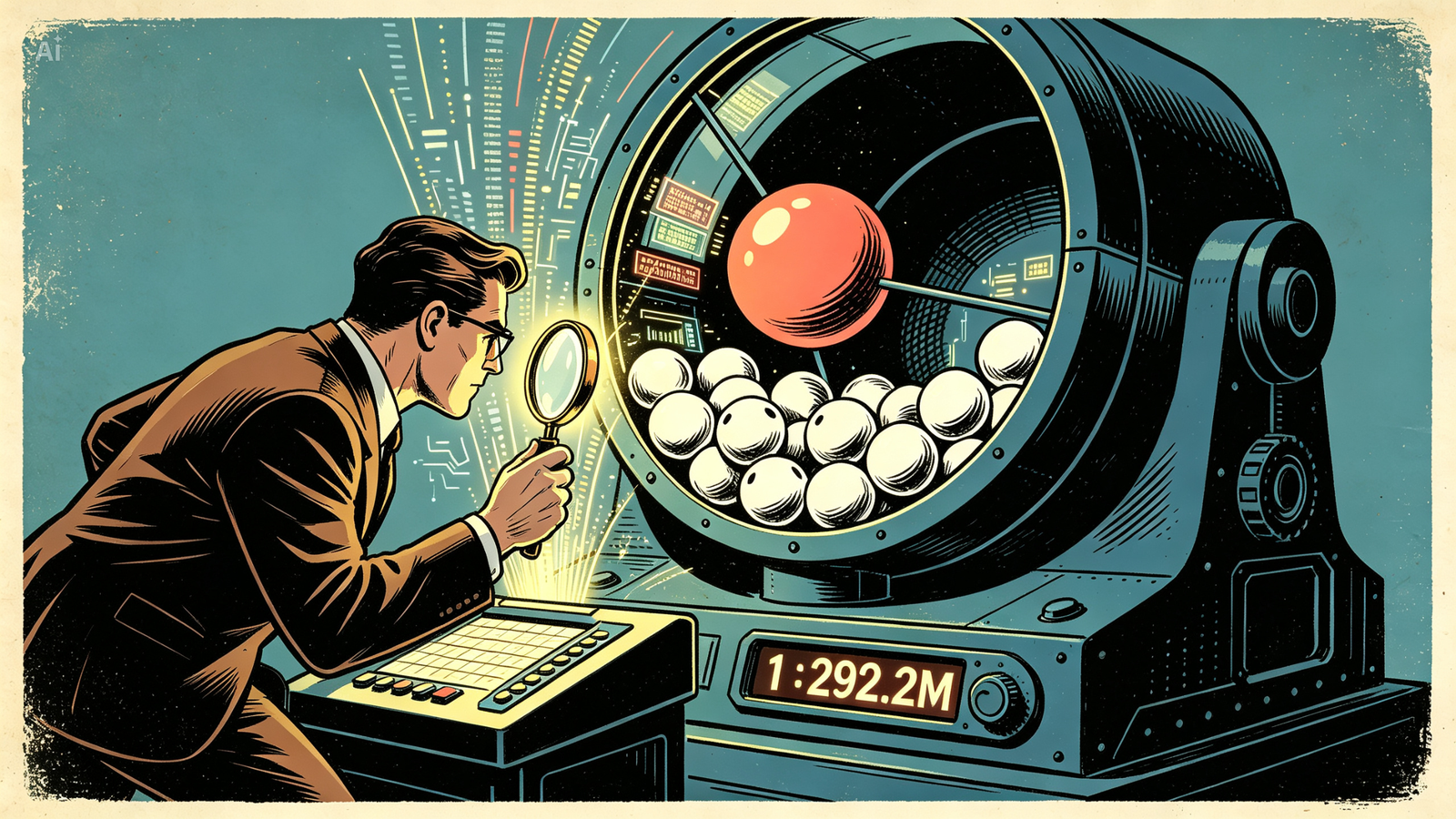 An illustration of a man in a suit using a magnifying glass to closely inspect a lottery ball machine. The machine contains several white balls, one large red ball, and features a display panel reading "1:292.2M".