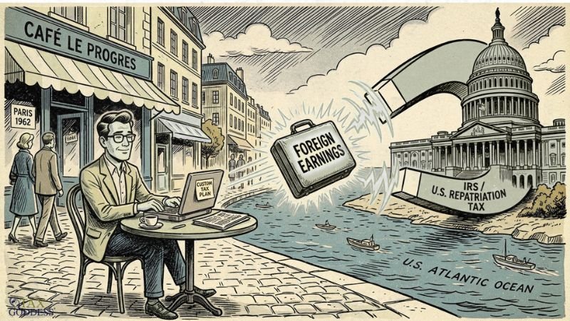 An illustration of a man sitting at a Parisian cafe called "Café Le Progres," working on a laptop displaying a "Custom Tax Plan." Across a body of water labeled "U.S. Atlantic Ocean," a large magnet attached to a U.S. government building labeled "IRS / U.S. Repatriation Tax" is pulling a briefcase labeled "Foreign Earnings" toward it. The Tax Goddess logo is in the bottom left corner.