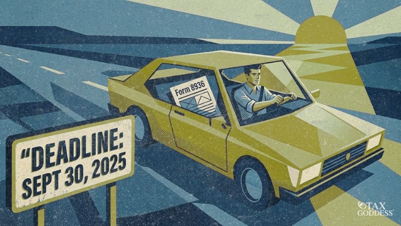 An illustration of a man driving a yellow car down a highway toward a stylized sun. A document reading "Form 8936" is visible inside the car, and a large roadside sign displays "DEADLINE: SEPT 30, 2025." The Tax Goddess logo is in the bottom right corner.