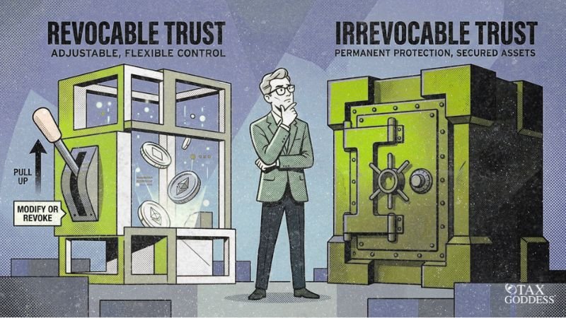 An illustration of a thoughtful man standing between two trust concepts. On the left is a glass box holding coins with a lever labeled "Modify or Revoke," representing a "Revocable Trust" for "Adjustable, Flexible Control." On the right is a heavy green vault representing an "Irrevocable Trust" for "Permanent Protection, Secured Assets." The Tax Goddess logo is in the bottom right corner.