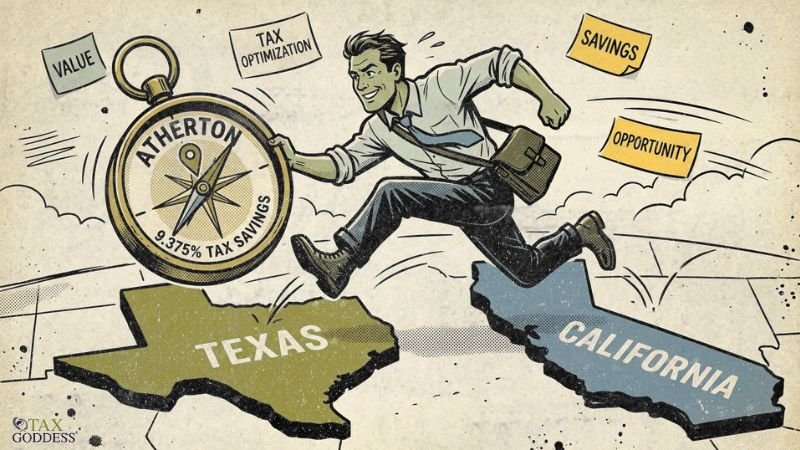 An illustration of a businessman with a satchel leaping from a map of Texas to a map of California. He is rolling a large compass that reads "Atherton" and "9.375% Tax Savings." Floating yellow and green sticky notes in the background read "Value," "Tax Optimization," "Savings," and "Opportunity." The Tax Goddess logo is visible in the bottom left corner.