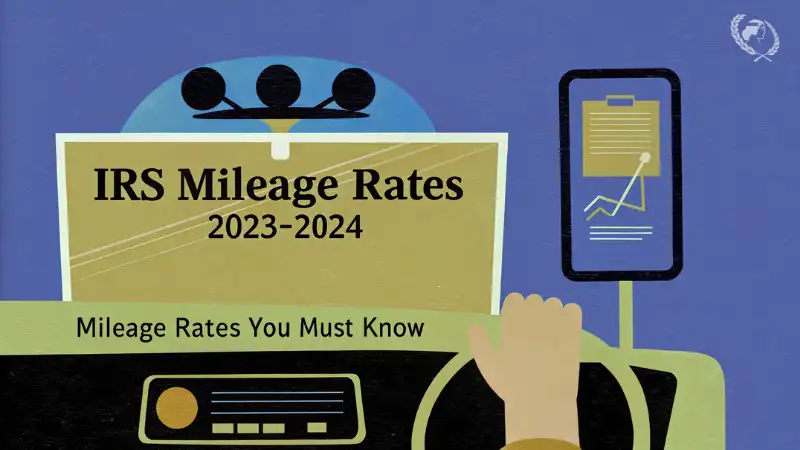 An illustration of a person's hand holding a smartphone with a graph on the screen, resting on a car's dashboard. A sign reads "IRS Mileage Rates 2023-2024", representing the essential guide to deducting business driving expenses.
