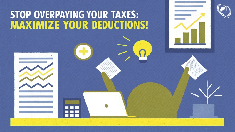 An illustration of a person slumped over a laptop on a desk, surrounded by piles of tax forms and a calculator. Yellow light bulbs, a plus sign, and up-trending graphs surround the person, with the bold text: "STOP OVERPAYING YOUR TAXES: MAXIMIZE YOUR DEDUCTIONS!"