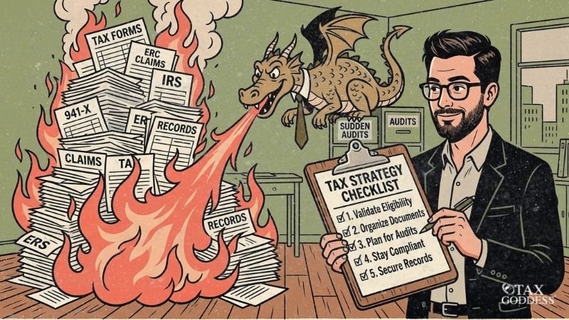 An illustration of a man with glasses holding a "Tax Strategy Checklist" with steps for eligibility, document organization, audit planning, compliance, and securing records. Next to him, a small dragon wearing a tie breathes fire onto a large stack of documents labeled "Tax Forms," "ERC Claims," "IRS," and "941-X." Filing cabinets labeled "Sudden Audits" sit in the background.