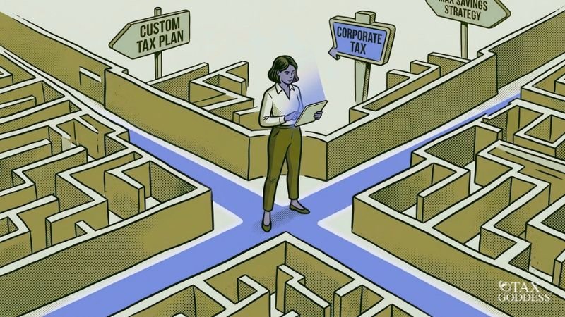 An illustration of a businesswoman standing at a crossroads inside a maze, looking at a tablet. Directional signs around her read "Custom Tax Plan," "Corporate Tax," and "Max Savings Strategy." The Tax Goddess logo is in the bottom right corner.