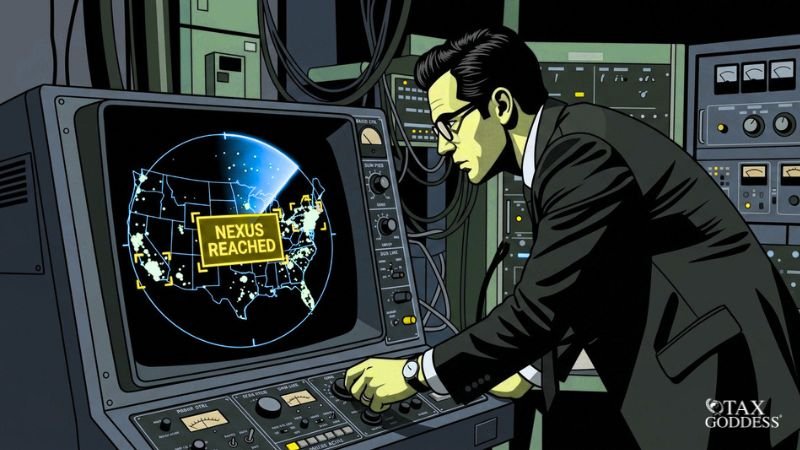 Illustration of a businessman in a suit and glasses looking intently at a radar screen. The monitor displays a map of the United States with glowing dots and a large yellow warning box that reads "NEXUS REACHED." The Tax Goddess logo is in the bottom right corner.