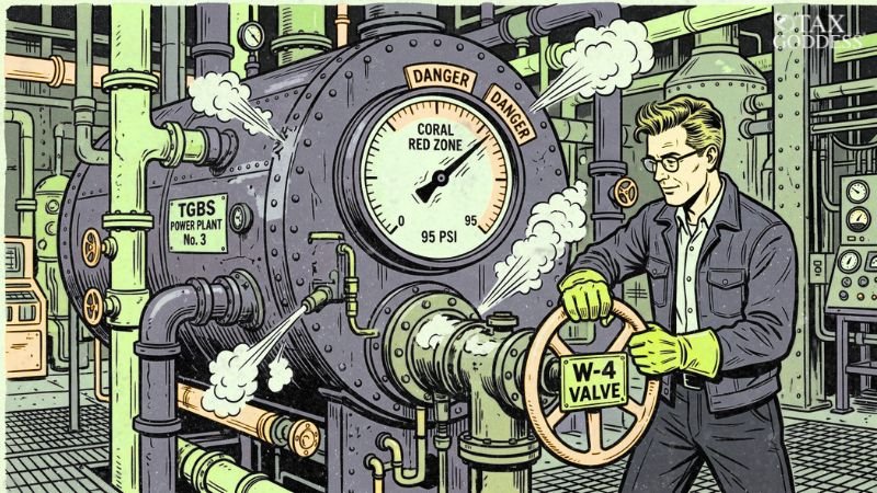 Illustration of a man in an industrial setting turning a large wheel labeled "W-4 VALVE" to release pressure from a steaming boiler. The boiler features a gauge pointing to a "CORAL RED ZONE" at "95 PSI," flanked by "DANGER" signs. A plaque on the machine reads "TGBS POWER PLANT No. 3," and the Tax Goddess logo is in the top right corner.