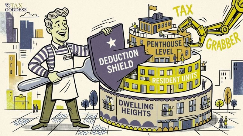 Illustration of a smiling man named Stan wearing an apron, holding a giant tool labeled "DEDUCTION SHIELD" to protect an apartment building made out of a cake. The building's tiers are labeled "DWELLING HEIGHTS," "RESIDENT UNITS," and "PENTHOUSE LEVEL." A mechanical yellow claw labeled "TAX GRABBER" reaches down from above. The Tax Goddess logo is in the top left corner.