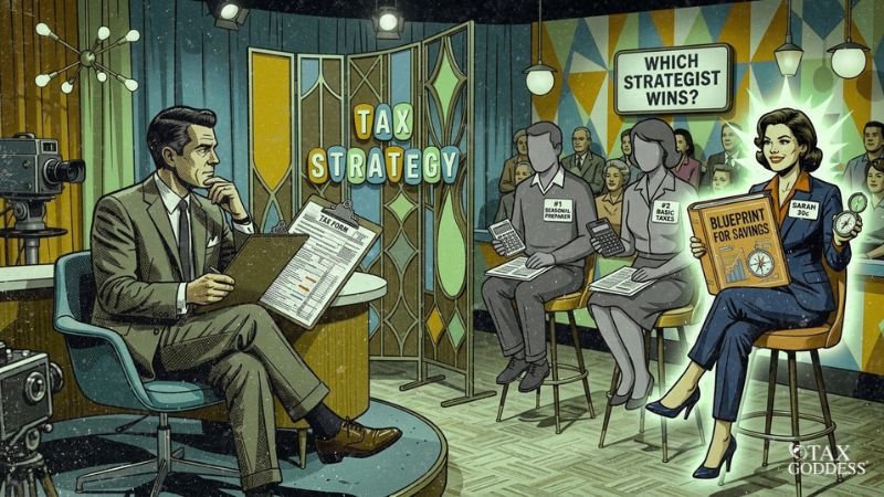 Retro TV game show illustration with a host evaluating a tax form clipboard. Background signs read "Tax Strategy" and "Which Strategist Wins?". Three contestants sit on stools: two are faceless and labeled "Seasonal Preparer" and "Basic Taxes." The third is a brightly glowing woman labeled "Sarah CPA" holding a compass and a book titled "Blueprint for Savings." The Tax Goddess logo is in the bottom right.