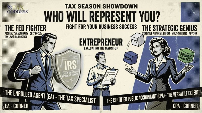 A retro boxing-style poster titled "Tax Season Showdown: Who Will Represent You?" An "Entrepreneur" stands in the center evaluating a match-up between two professionals. On the left is "The Fed Fighter," an Enrolled Agent (EA) posing with a shield labeled "IRS." On the right is "The Strategic Genius," a Certified Public Accountant (CPA) juggling cubes labeled "Tax," "Audit," and "Business Strategy." The Tax Goddess logo is in the top left corner.