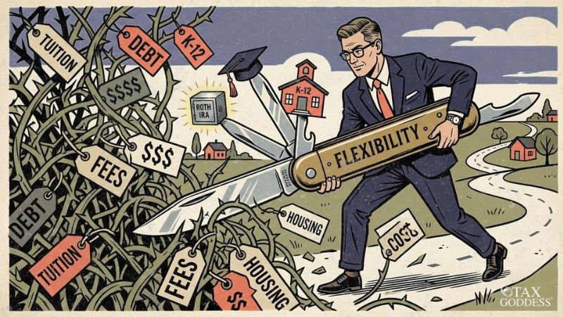 Illustration of a businessman using a giant pocket knife labeled "FLEXIBILITY" to cut through a thorny thicket. The thorns have price tags reading "TUITION," "DEBT," "FEES," "HOUSING," and "COST." The knife features additional tools including a graduation cap, a "K-12" schoolhouse, and a safe labeled "ROTH IRA." The Tax Goddess logo is in the bottom right corner.