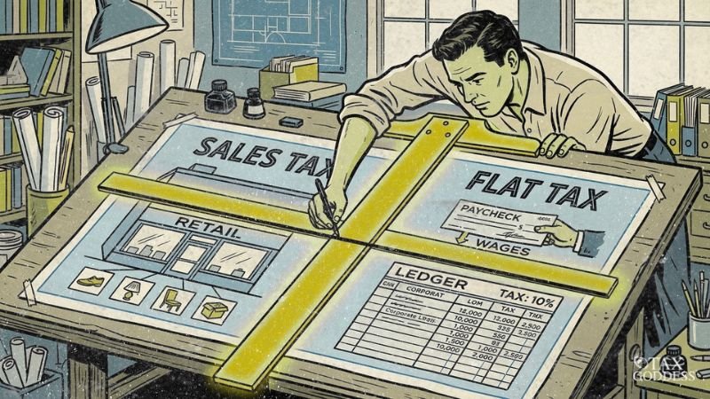 Illustration of a man at a drafting table using a glowing yellow T-square to draw a connecting line between two large blueprints. The left blueprint is labeled "SALES TAX" and shows a "RETAIL" storefront. The right blueprint is labeled "FLAT TAX" and features a "PAYCHECK" representing "WAGES" alongside a "LEDGER" calculating a "TAX: 10%". The Tax Goddess logo is in the bottom right corner.
