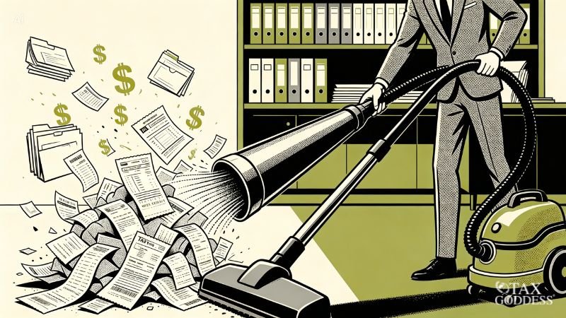 An illustration of a man in a grey business suit using a green canister vacuum cleaner to suck up a chaotic pile of receipts, paper documents, file folders, and floating green dollar signs inside an office with bookshelves.